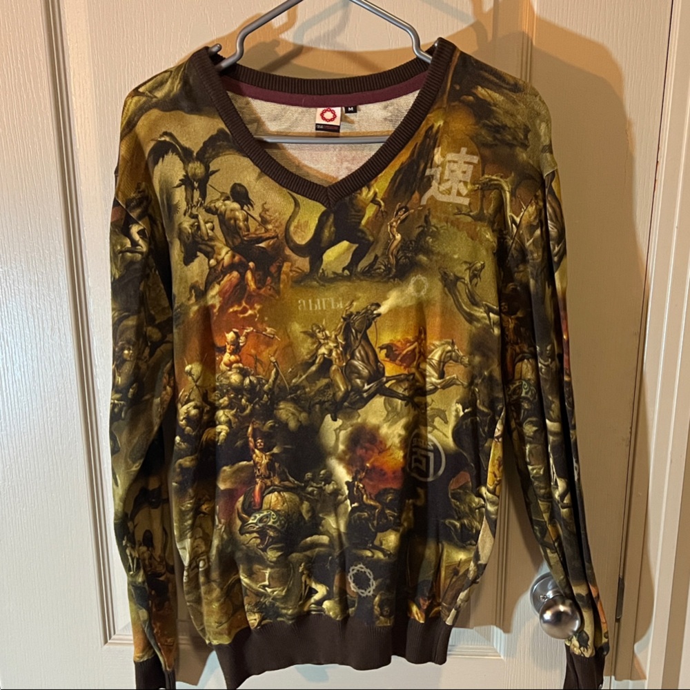 Men's V-Neck Sweater in Artistic Brown and Gold